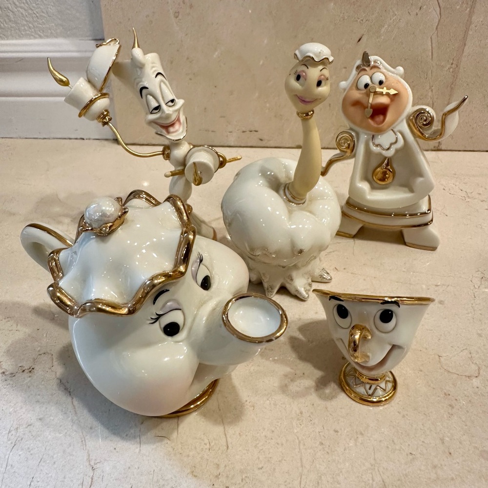 Beauty/Beast Lenox -China + 24 karat gold:Lumiere,Babett, Cogsworth, Potts/Chip
